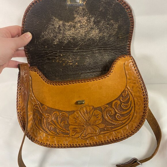 Western Hand Tooled Leather Handbag VTG Handmade Floral Purse Strap Brass - Picture 7 of 11